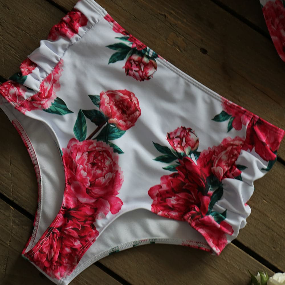 High Waist Floral Sexy Ruffle Bikini Set