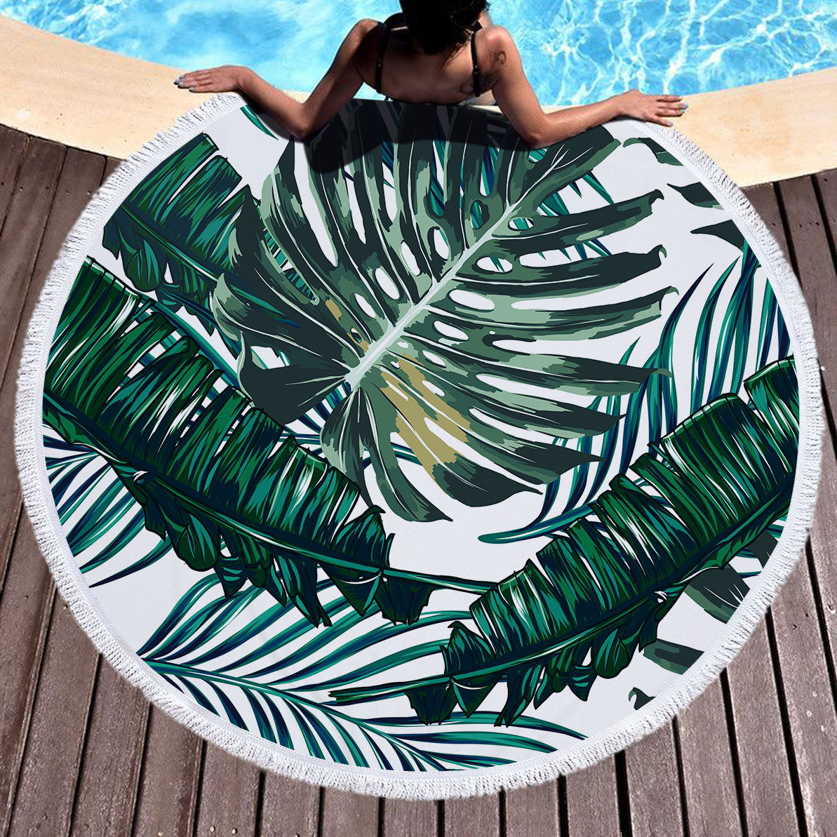 Leaves Print Round Shape Tasseled Beanch Mat