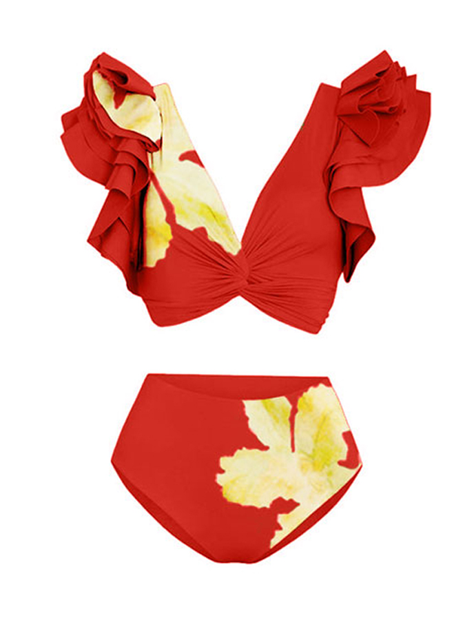 Deep V Ruffled Floral Print Swimsuit Set