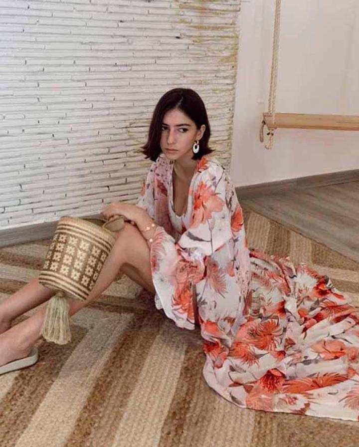 Ring Belt Printed One Piece Swimsuit and Flared Sleeve Chiffon Cover Up