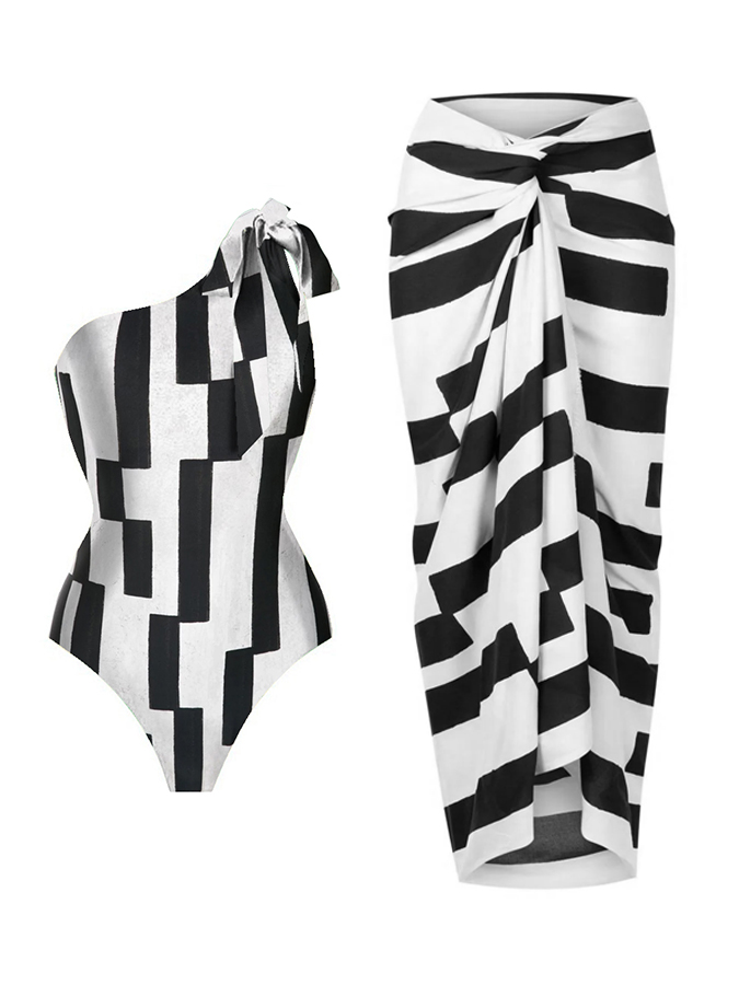 Black & White Offset Stripes Print One Shoulder One Piece Swimsuit And Cover Up