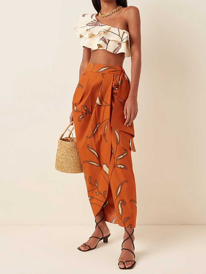 One-Shoulder Embroidered Printed Ruffled Swimsuit