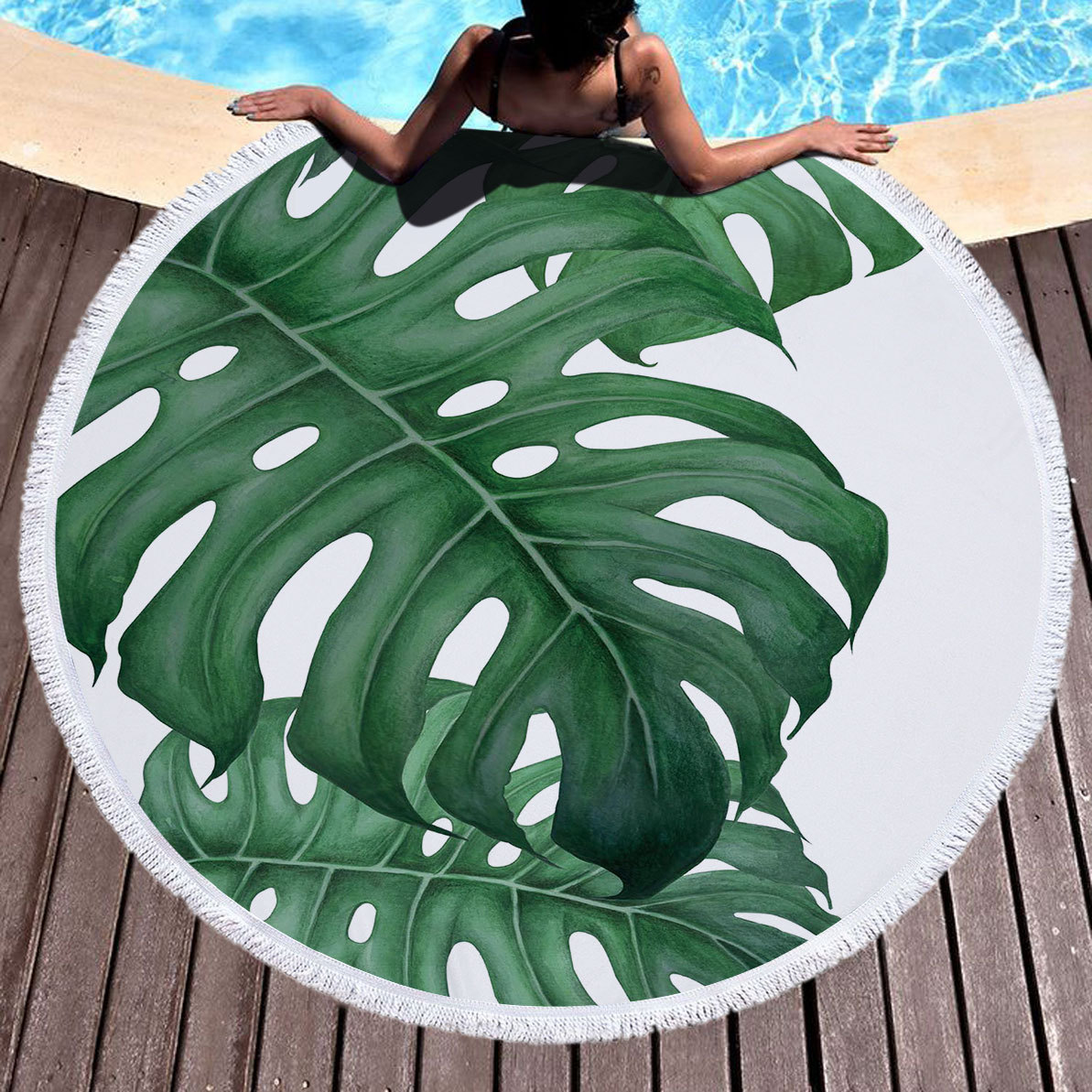 Leaves Print Round Shape Tasseled Beanch Mat