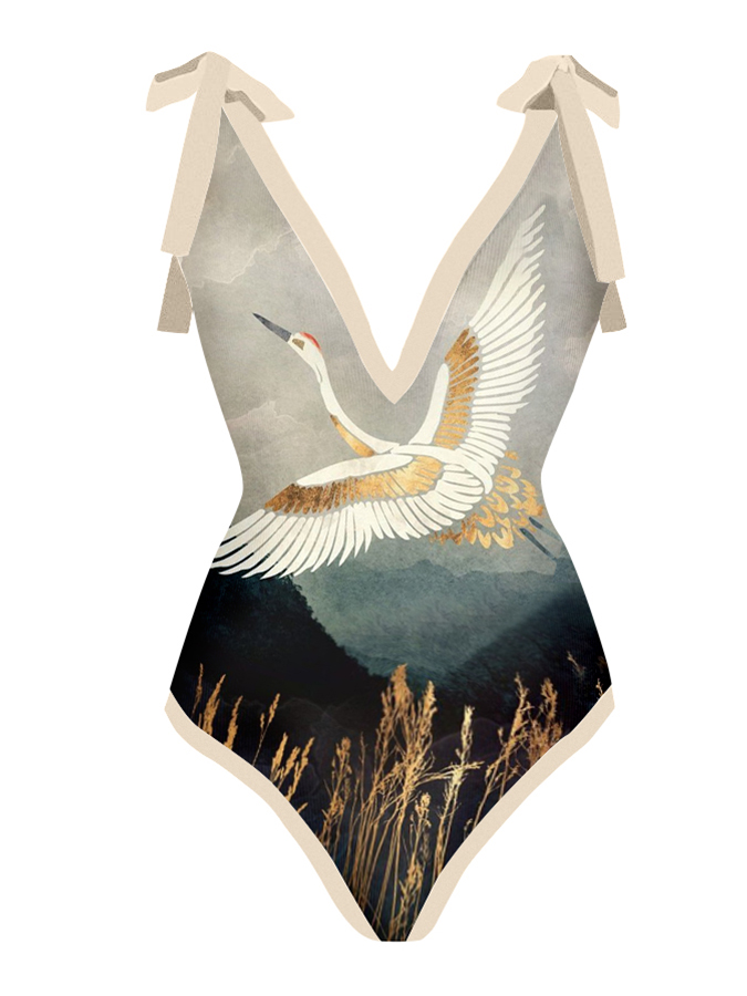 Vintage V-Neck Print One-Piece Swimsuit Set