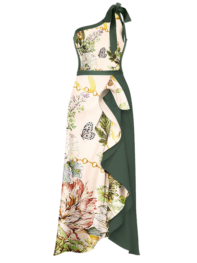 One Shoulder Floral Print One Piece Swimsuit and Skirt