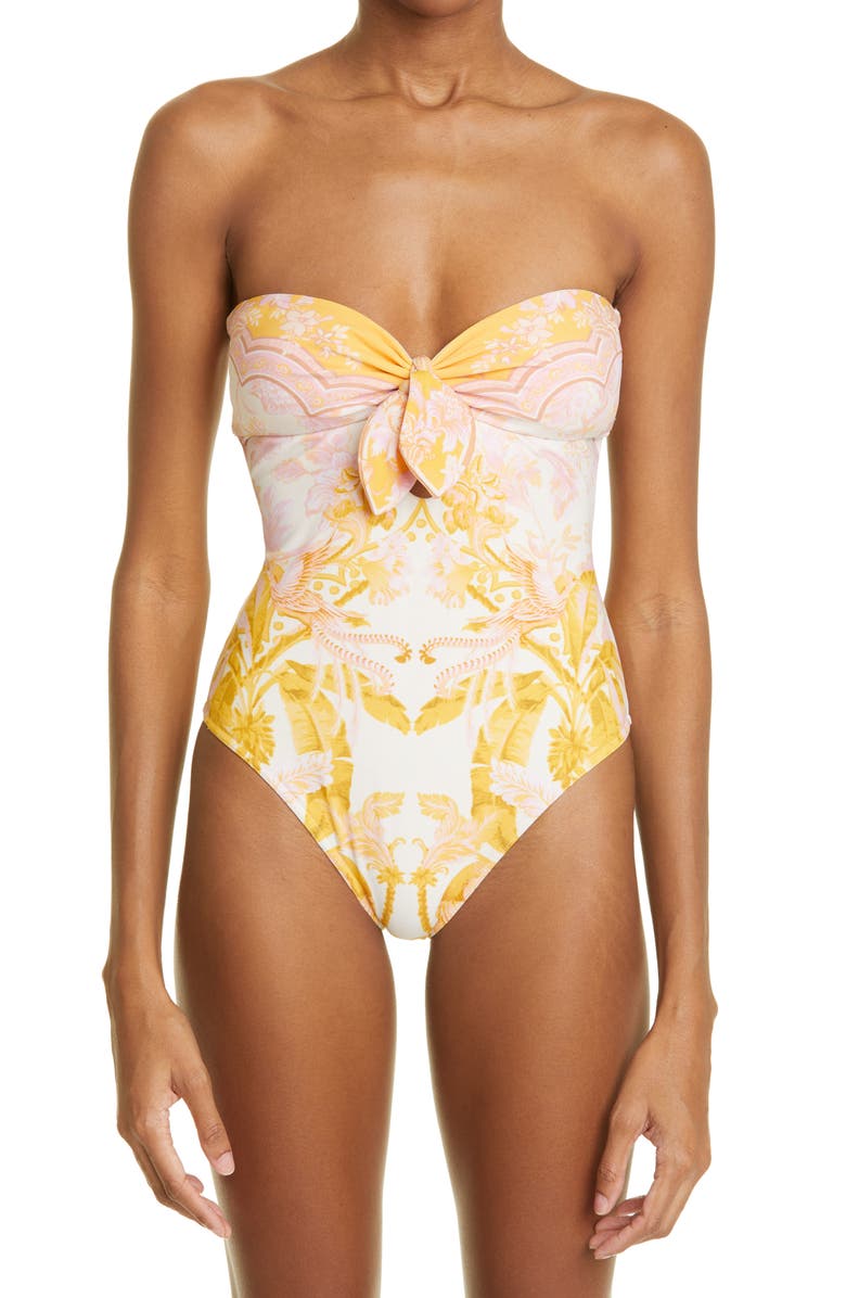 Vintage Print Print Bandeau One Piece Swimsuit And Cover Up