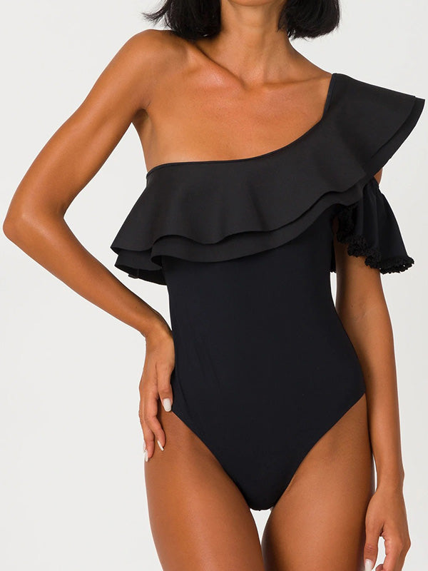 One-Shoulder Falbala One-Piece Swimwear