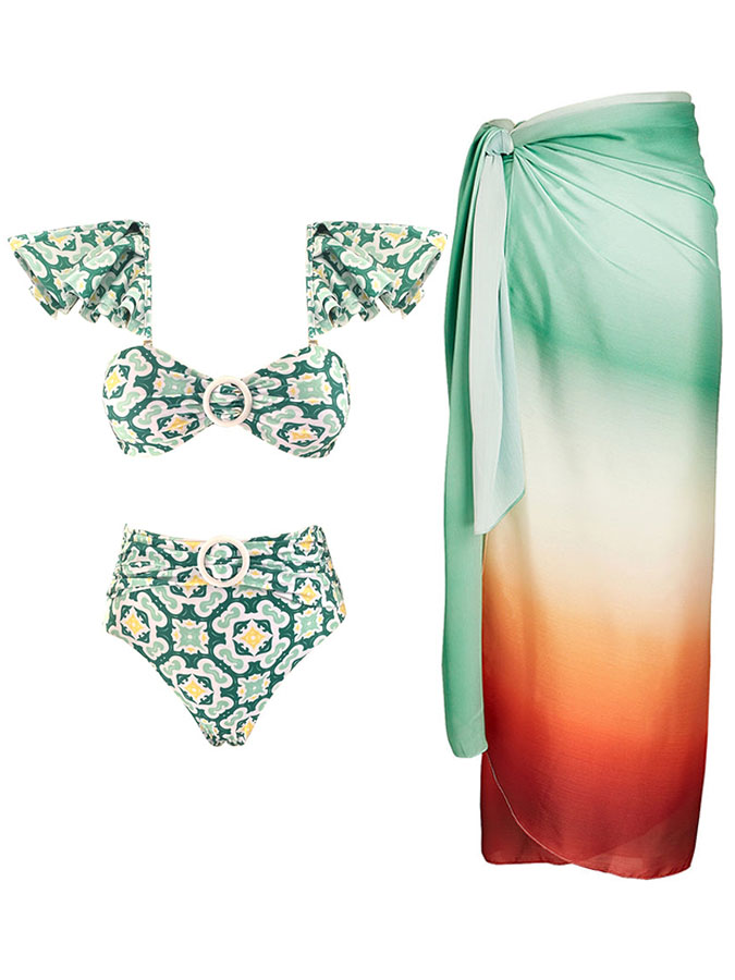 Fashion Floral Print Ruffle Bikini Gradient Set