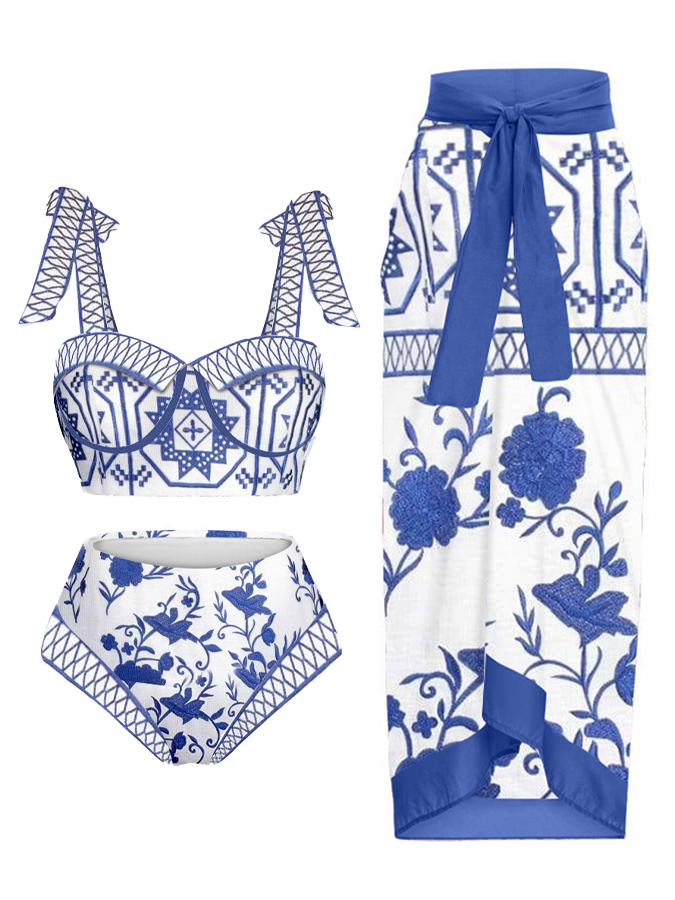 Vintage Colorblock Print Swimsuit and Cover-up