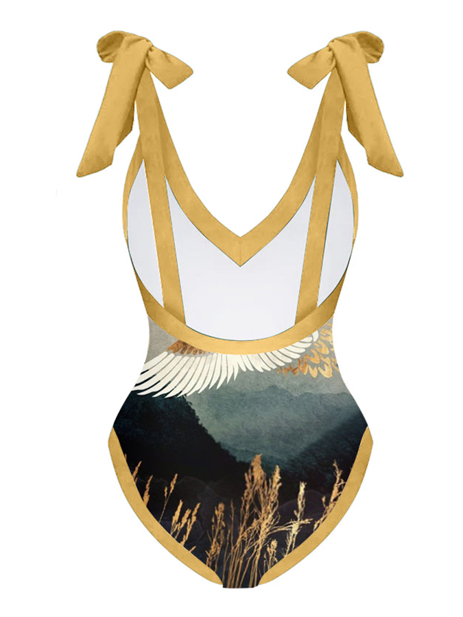 Vintage V-Neck Print One-Piece Swimsuit Set