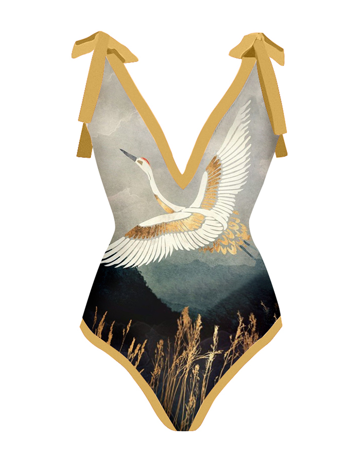 Vintage V-Neck Print One-Piece Swimsuit Set