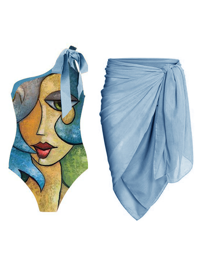 Fashion One Shoulder Abstract Print Swimsuit Set