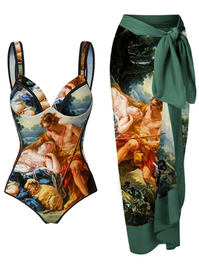 Vintage Print One Piece Swimsuit Set