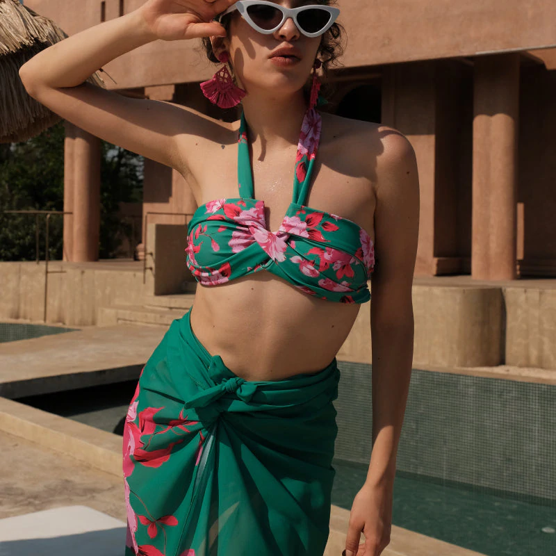 Floral Printed Halter Bikini Swimsuit and Sarong