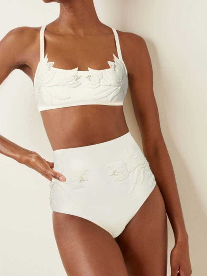 Solid Color Embossed Pattern Fashion Bikini Swimsuit