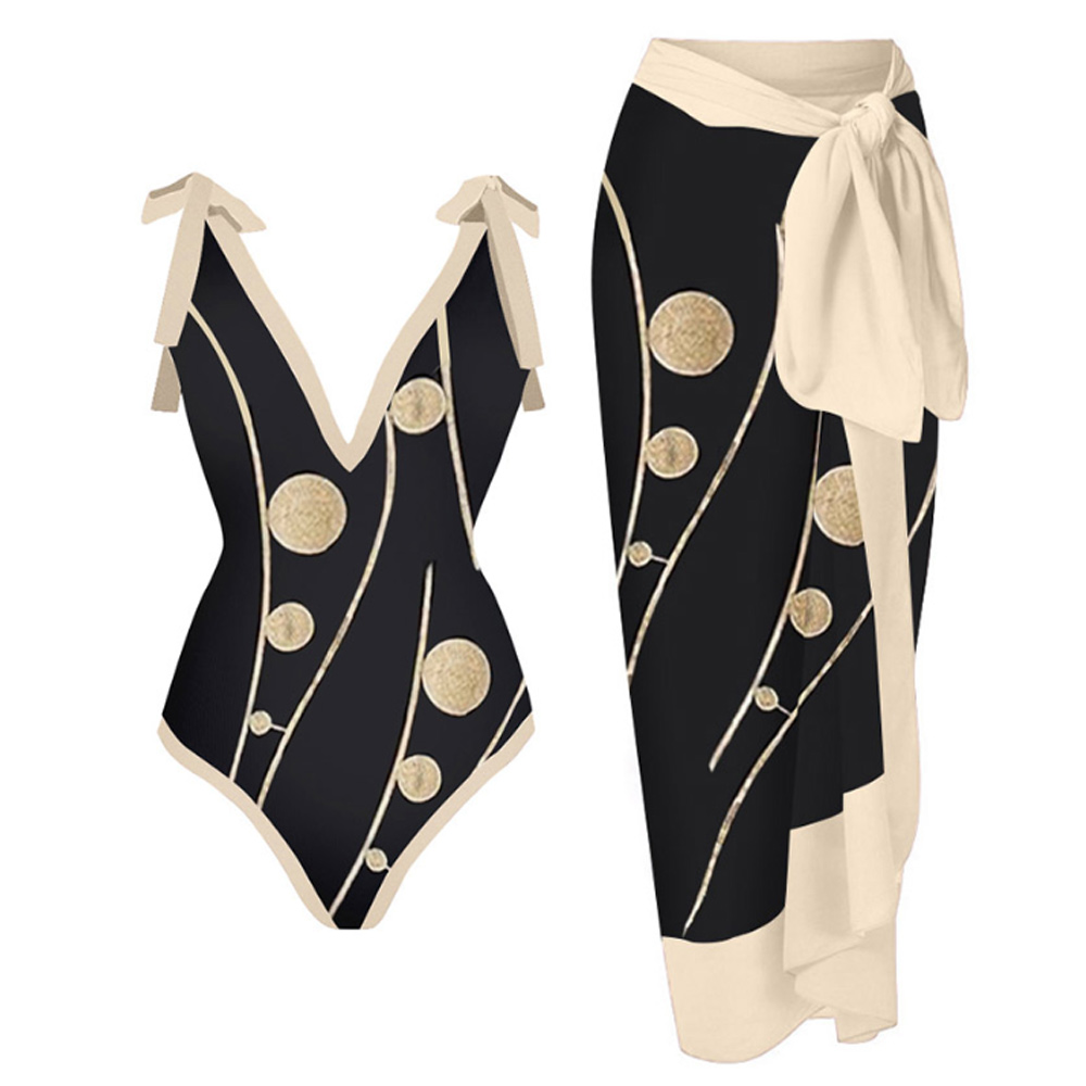 Vintage V-Neck Geometric Print One-Piece Swimsuit Set