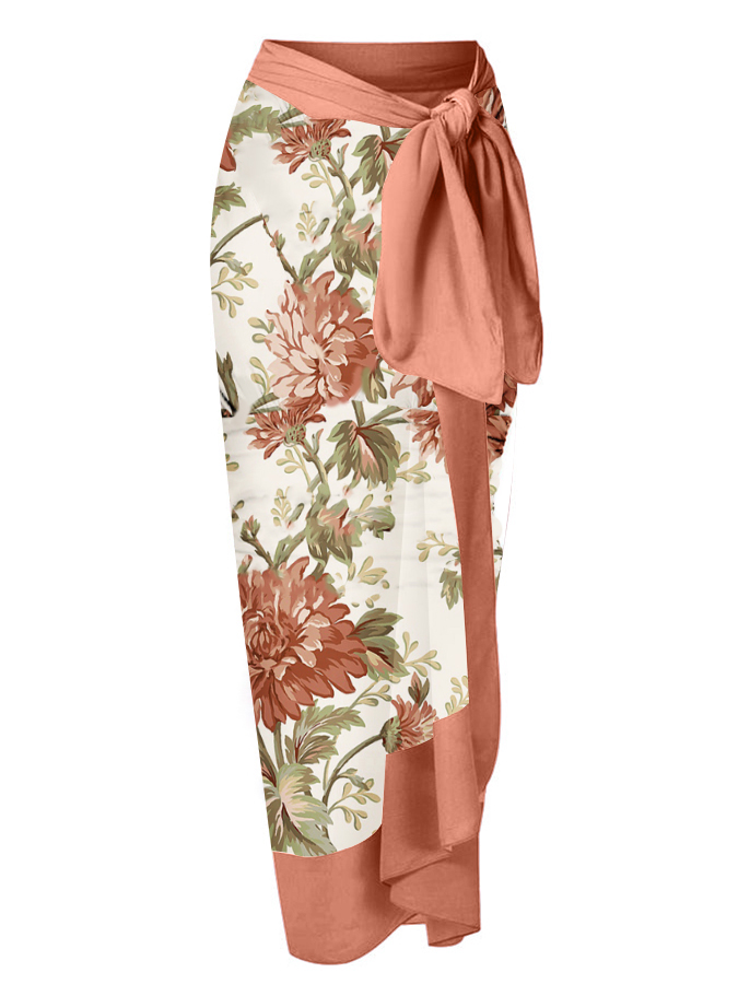 Bowknot Tie-shoulder Floral Print One Piece Swimsuit and Skirt