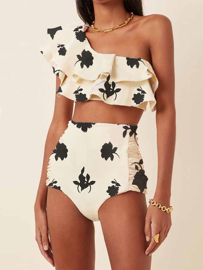 One-Shoulder Embroidered Printed Ruffled Swimsuit