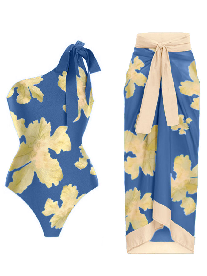 One Shoulder Floral Print Swimsuit Set