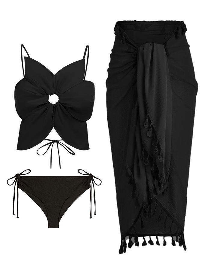 Fashion Retro Solid Beach Bikini Tassel Suit