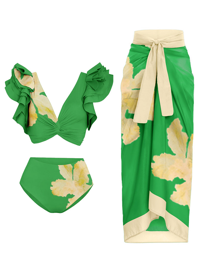 Deep V Ruffled Floral Print Swimsuit Set
