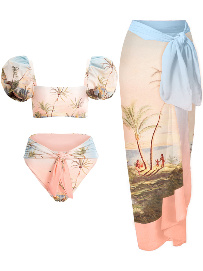 Vintage Gradient Print Puff Sleeve Bikini Set