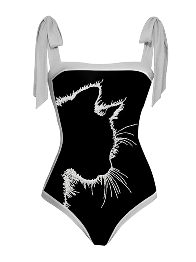 Vintage Cat Colorblock Print One-Piece Swimsuit Set