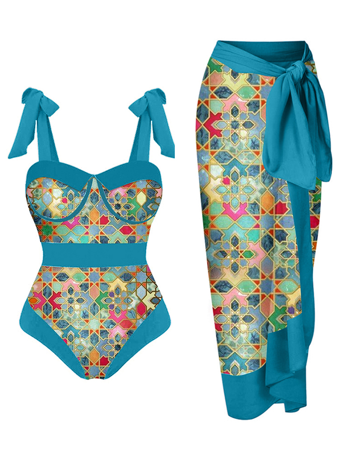 Vintage Colorblock Ethnic Print Swimsuit Set