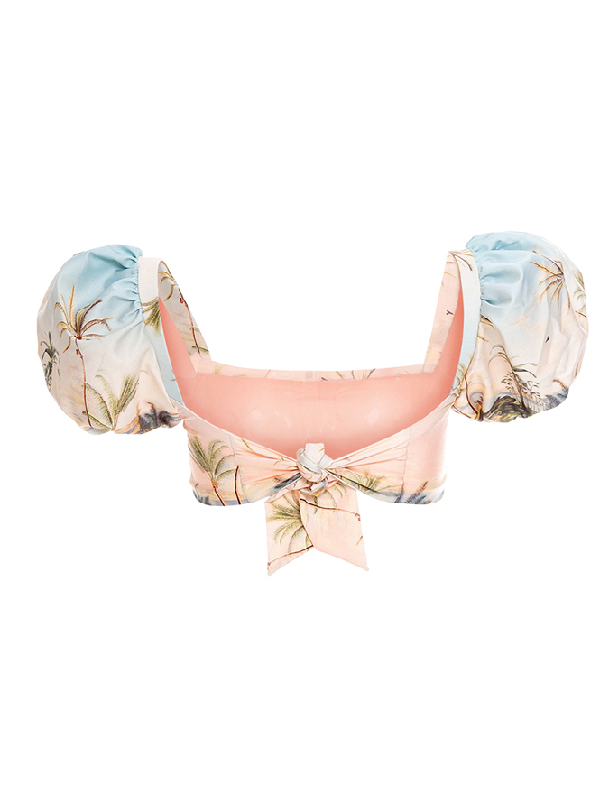 Vintage Gradient Print Puff Sleeve Bikini Set