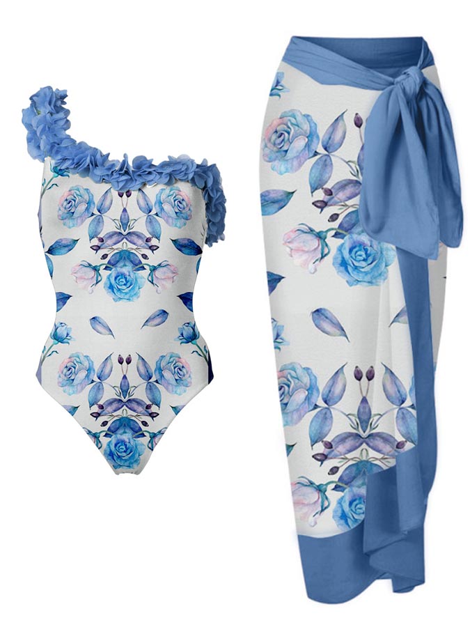 Printed Petal Trim One Piece Swimsuits and Cover-Ups