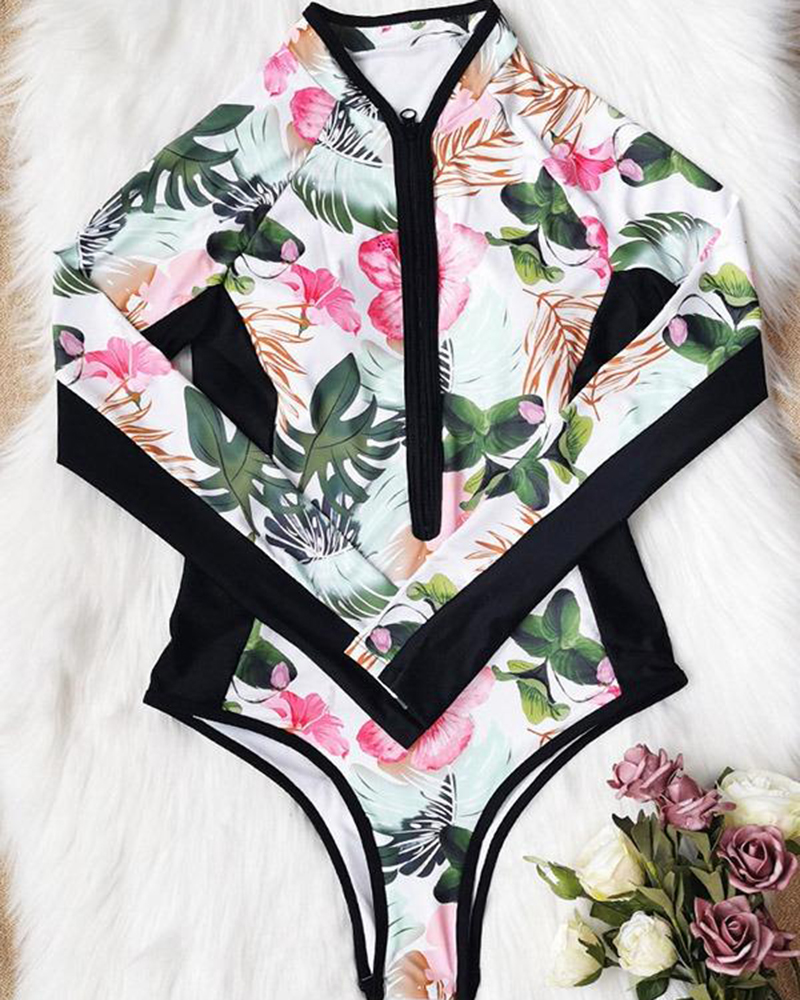 Printed Long Sleeve Zipper Wetsuit Swimsuit