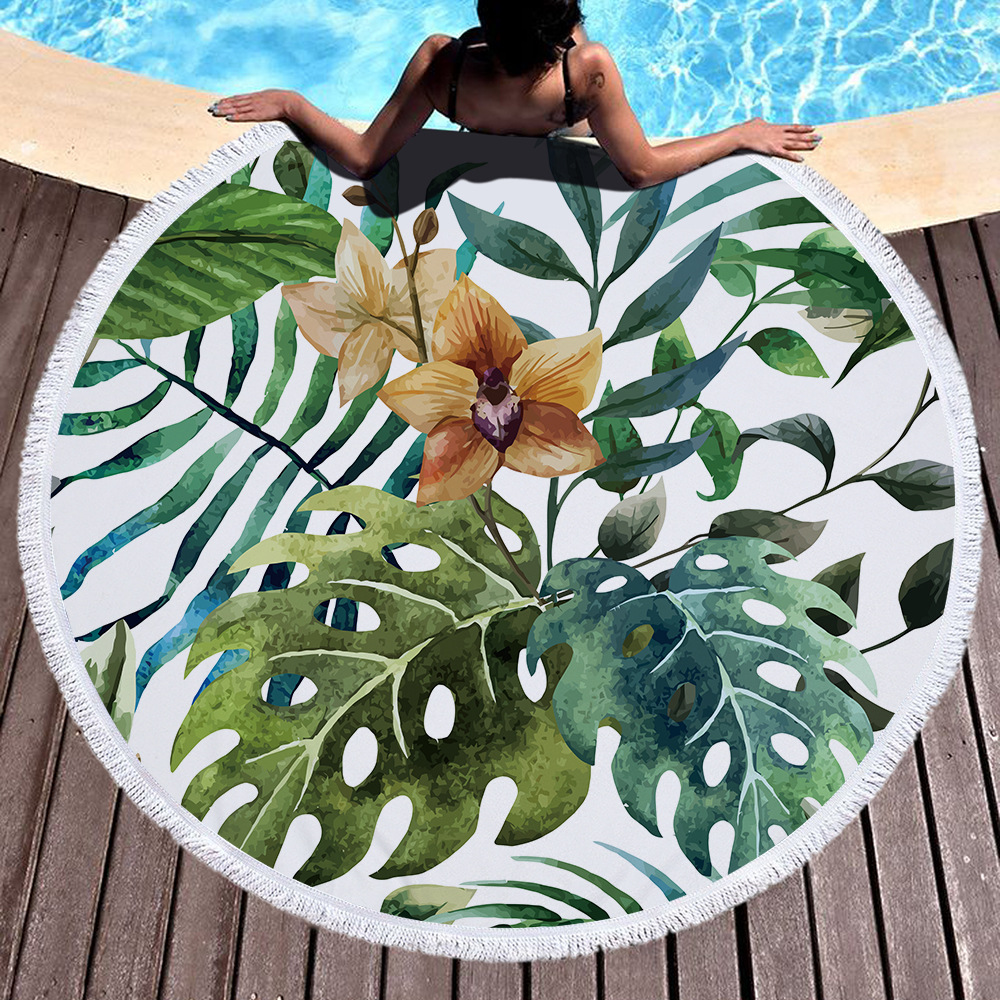 Leaves Print Round Shape Tasseled Beanch Mat