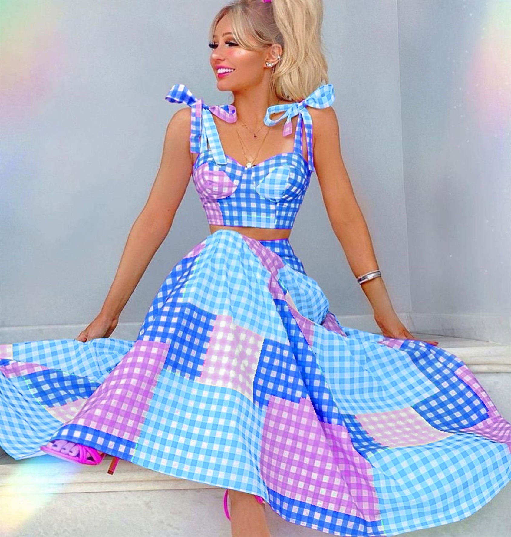 Colorful Plaid Lacing Shoulder Bikini Cover-up