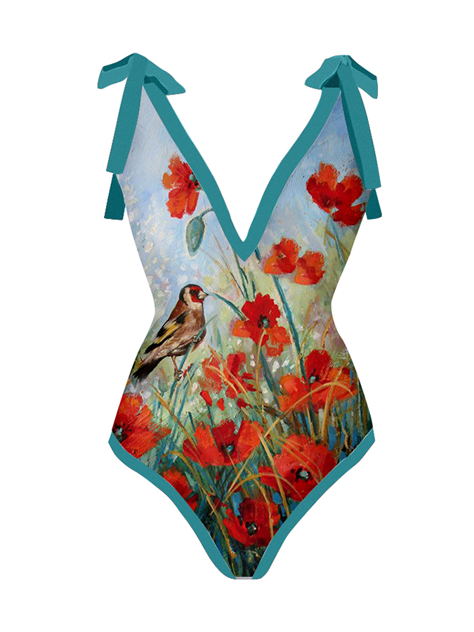 Deep V Vintage Flower Print One-Piece Swimsuit Set