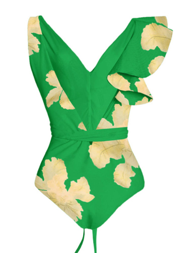 Deep V Ruffled Floral Print Swimsuit Set