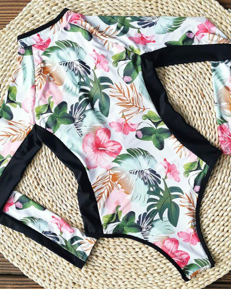 Printed Long Sleeve Zipper Wetsuit Swimsuit