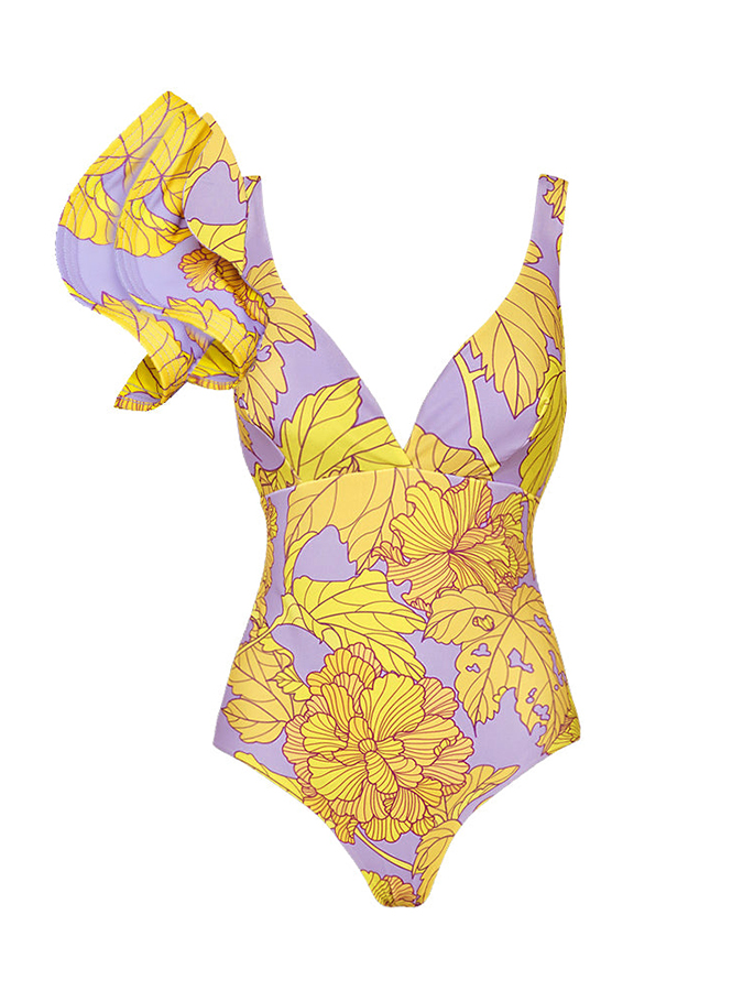 One-Shoulder Printed Ruffle One-Piece Swimsuit