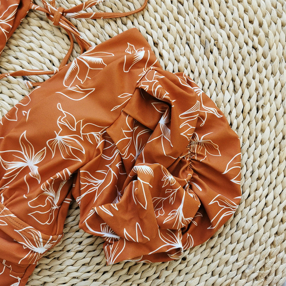 V Neck Puff Sleeve Backless One Piece Swimsuit