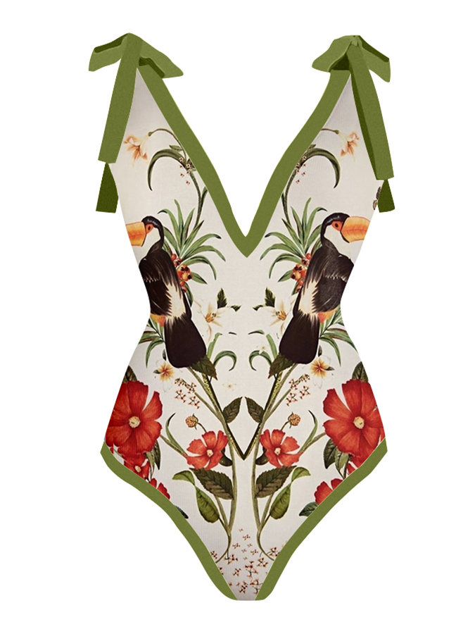 Vintage Colorblock Animal Print One-Piece Swimsuit Set