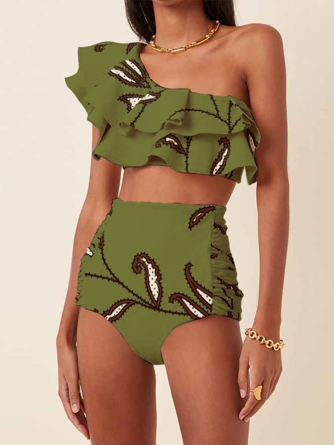 One-Shoulder Embroidered Printed Ruffled Swimsuit