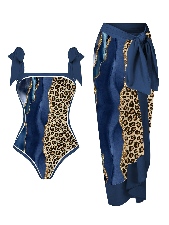Marble Leopard Print Patchwork One Piece And Cover Up