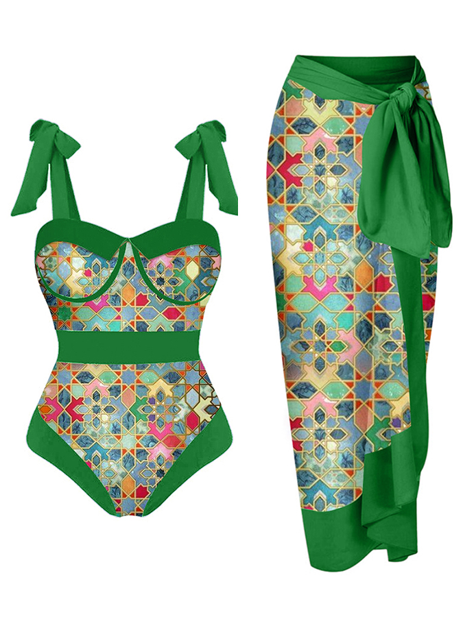 Vintage Colorblock Ethnic Print Swimsuit Set
