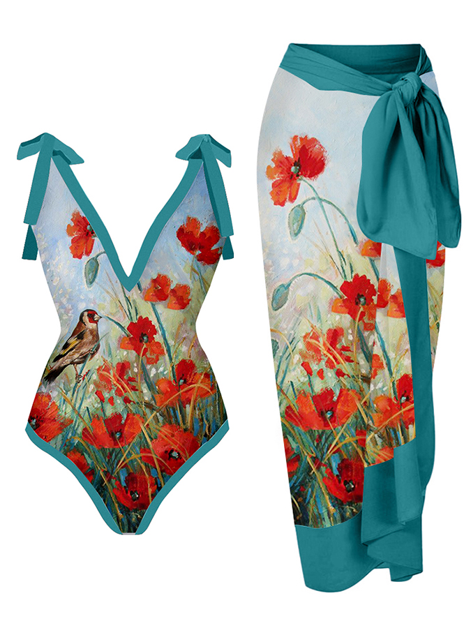 Deep V Vintage Flower Print One-Piece Swimsuit Set