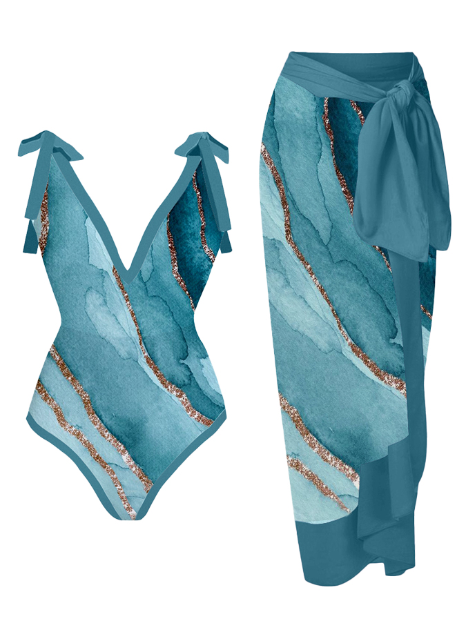 Vintage Fashion Colorblock Print One Piece Swimsuit and Cover-up