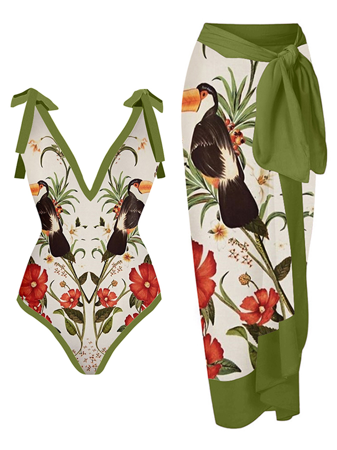Vintage Colorblock Animal Print One-Piece Swimsuit Set