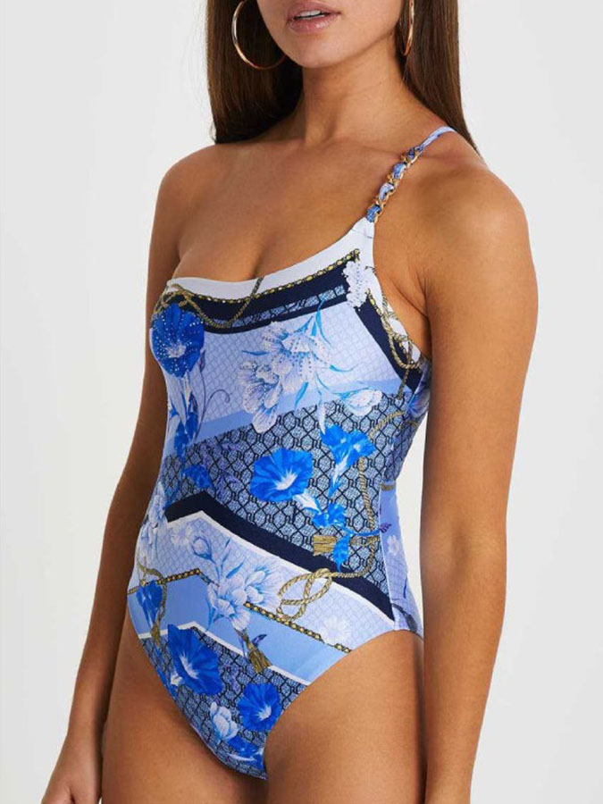Fashion Colorblock Floral Print One-Piece Swimsuit Set