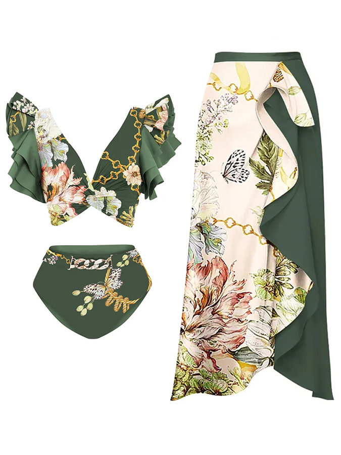 Ruffled Floral Print Bikini Swimsuit and Skirt