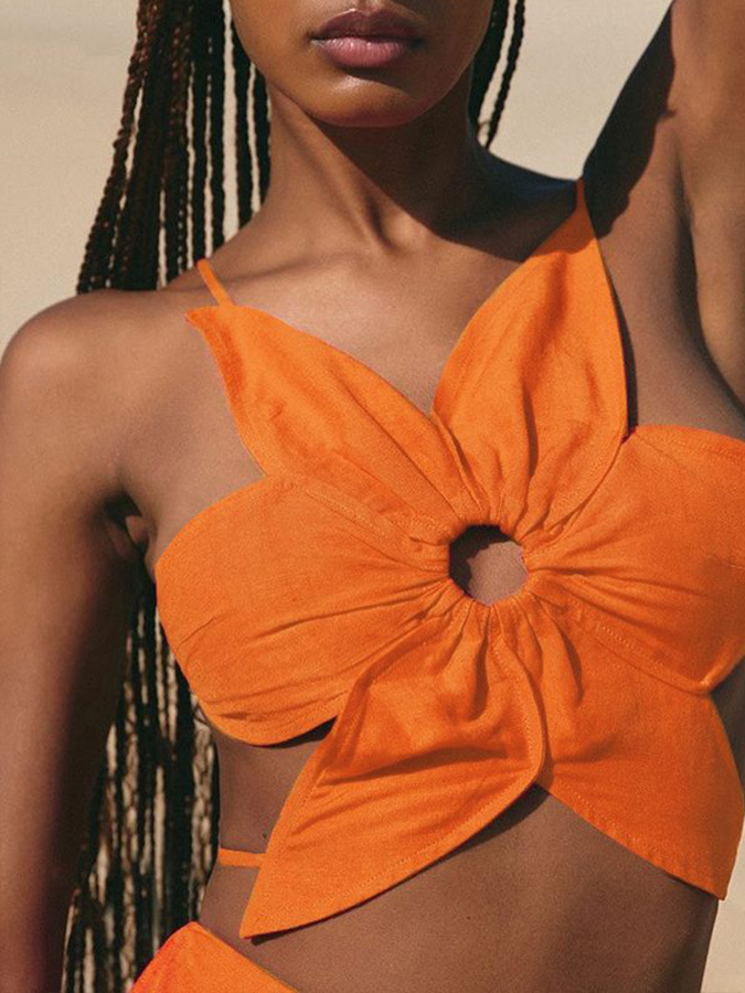 Fashion Retro Solid Beach Bikini Tassel Suit