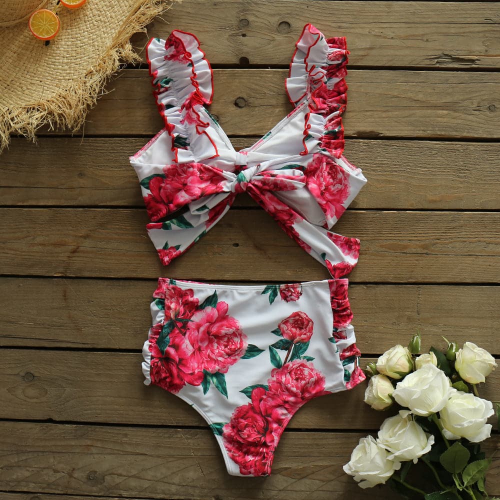 High Waist Floral Sexy Ruffle Bikini Set