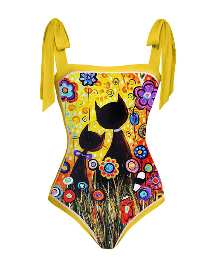 Fashion Cat Print One Piece Swimsuit Set